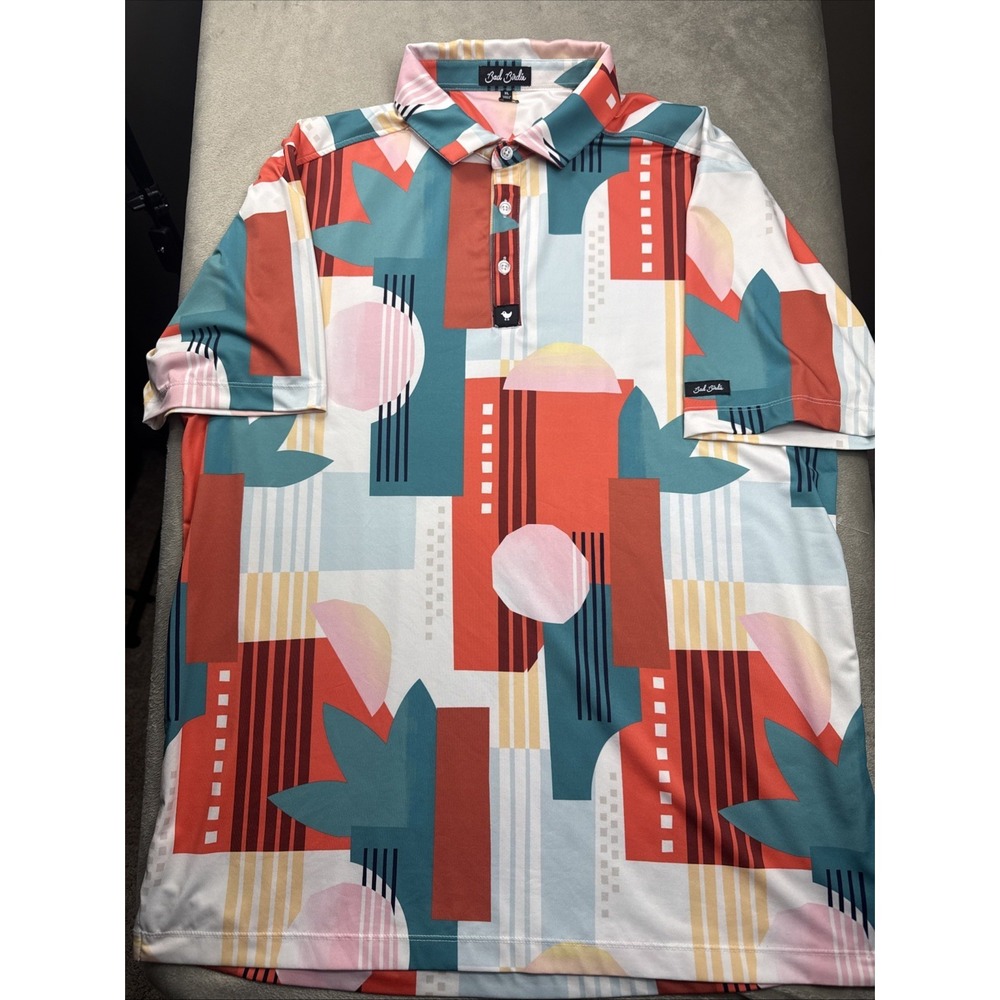 Bad Birdie Mens Albatross Golf Polo Shirt XL Colorful Geometric Abstract NWOT
